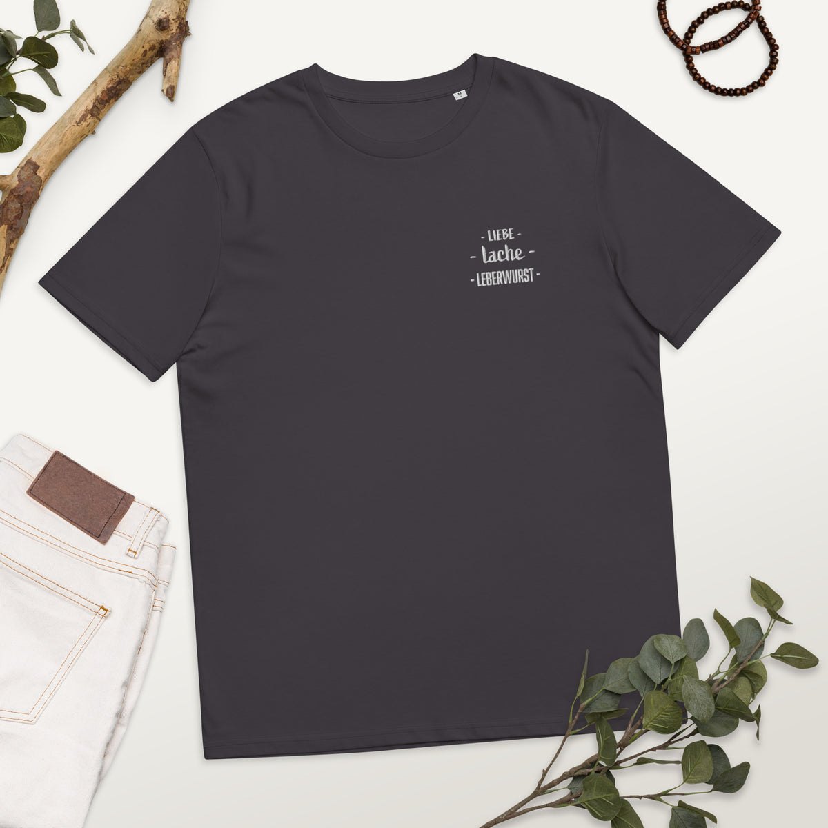 Liebe - Lache - Leberwurst - Stickerei Unisex-Bio-Baumwoll-T-Shirt