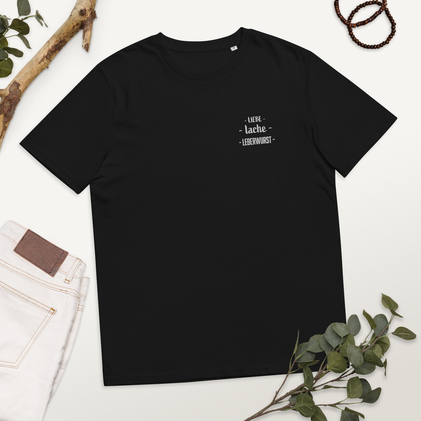 Liebe - Lache - Leberwurst - Stickerei Unisex-Bio-Baumwoll-T-Shirt
