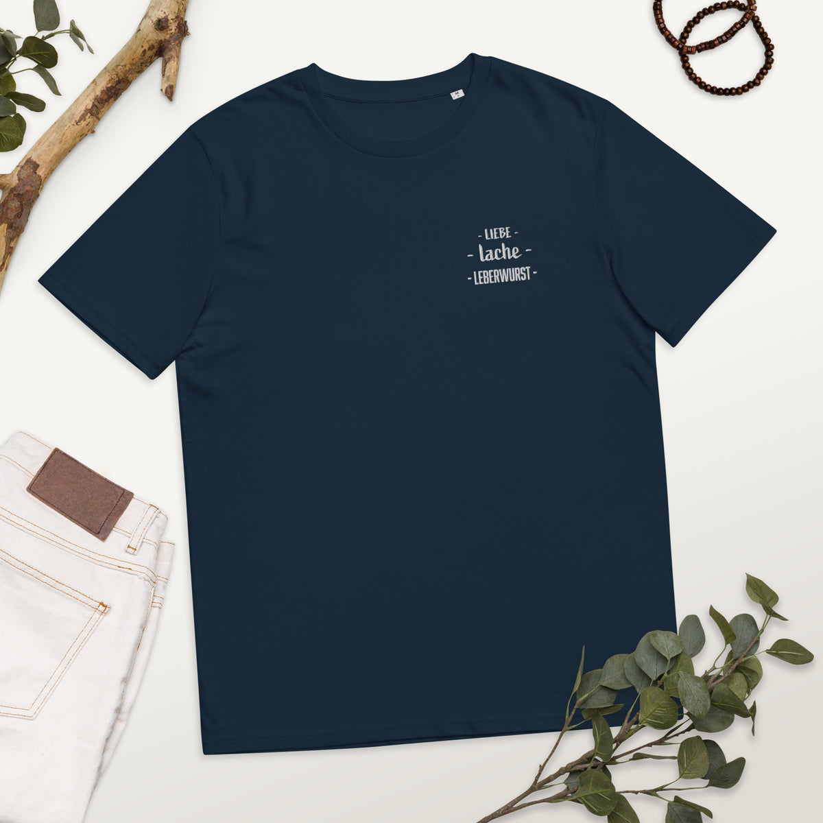 Liebe - Lache - Leberwurst - Stickerei Unisex-Bio-Baumwoll-T-Shirt